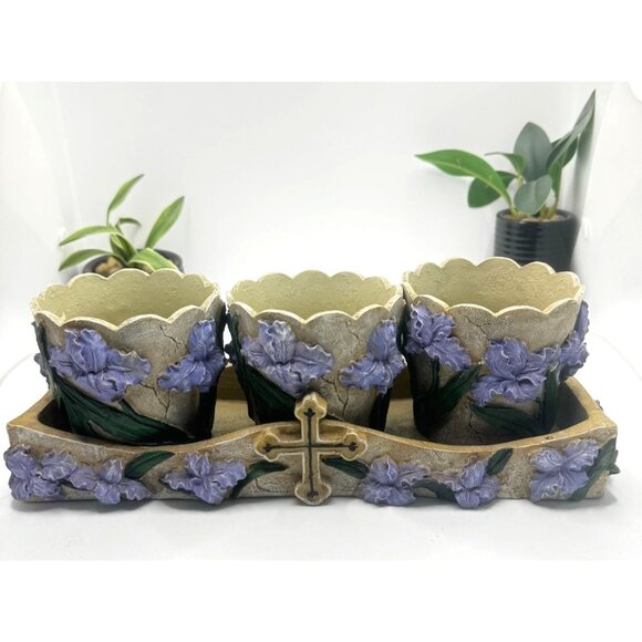 Decorative Floral Resin Planter Tray With Removable Pots & Cross Design - Picture 1 of 9